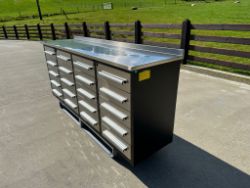 UNUSED 7FT STAINLESS STEEL WORKBENCH, 20 DRAWERS