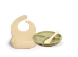 100 X MEALTIME PLATE, SPOON & BIB SET - WILLOW/SAND
