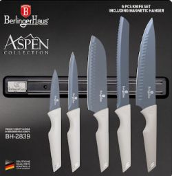 30 X NEW 6 PC KNIFE SET WITH MAGNETIC HANGER, MATT GREY