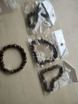 TIGER EYE + OM WITH WOOD - BEADED GEMSTONE CRYSTAL BRACELET - - JOBLOT OF 4