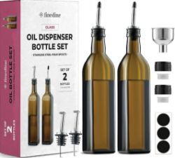 2X FINEDINE OIL DISPENSER BOTTLE SET – 4 GLASS BOTTLES W/ STAINLESS STEEL POUR SPOUTS 500ML