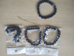 BLUE TIGER EYE + OM WITH WOOD - BEADED GEMSTONE CRYSTAL BRACELET - - JOBLOT OF 4