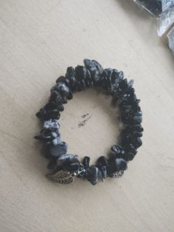 SNOWFLAKE OBSIDIAN- WRAP AROUND LAYERS BANGLES - GEMSTONE CHRYSTAL CHIP -LEAF ACCENTS JOBLOT OF 11
