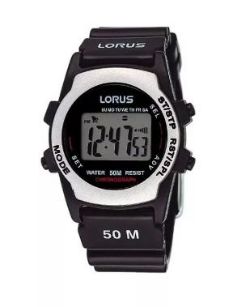 X10 LORUS DIGITAL ALARM CHRONOGRAPH BLACK BAND WATCH R2361AX9 IN A LORUS GIFT BOX