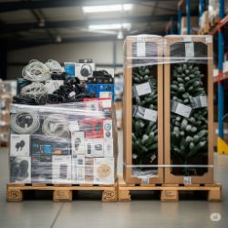 PALLET CONTAINING UNMANIFESTED -MISC. AND TECH LOW VALUE + 2 XMAS TREES -CUSTOMER RETURNS