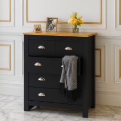 BLACK 5 DRAWER CHEST WITH OAK COLOURED TOP