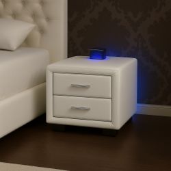 WHITE LEATHER BEDSIDE WITH BUILT IN RECHARGEABLE POP UP BLUETOOTH SPEAKER RRP £99.99