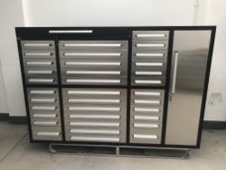 UNUSED 7FT STAINLESS STEEL WORKBENCH, 35 DRAWERS