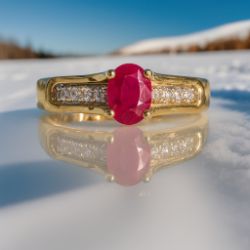 OVAL RUBY & DIAMOND RING 9CT YELLOW GOLD/SIZE J + GIFT BOX + VALUATION CERTIFICATE OF £1495