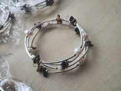 TIGER EYE + PEARL GEMSTONE CRYSTAL WRAP AROUND BANGLES SS - NEW IN ORIGINAL PACKAGING - JOBLOT OF 8
