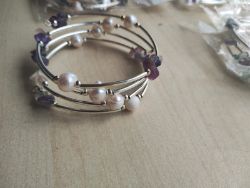 FLUORITE + PEARL GEMSTONE CRYSTAL WRAP AROUND BANGLES SS - NEW IN ORIGINAL PACKAGING - JOBLOT OF 10