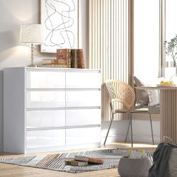 WHITE 8 DRAWER HIGH GLOSS HANDLELESS CHEST