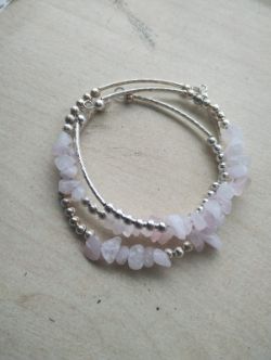 ROSE QUARTZ - GEMSTONE CRYSTAL CHIP - TRIPLE BRACELETS - STAINLESS STEEL - - JOBLOT OF 13