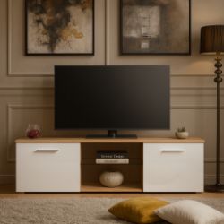 BRAND NEW HARMIN MODERN 160CM TV STAND CABINET UNIT WITH HIGH GLOSS DOORS (WHITE ON OAK)