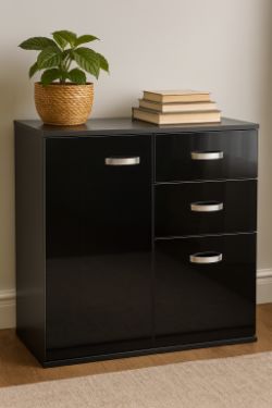 HIGH GLOSS BLACK SIDEBOARD - WITH PREMIUM METAL HANDLES AND RUNNERS