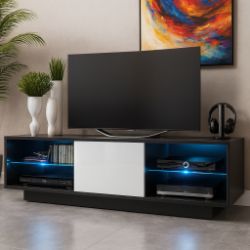 WHITE ON BLACK TV STAND WITH GLASS SHELVES AND LED LIGHTS
