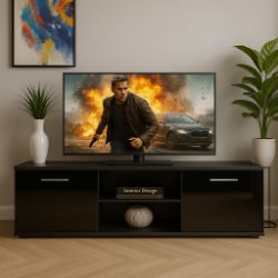 HARMIN MODERN 160CM TV STAND CABINET UNIT WITH HIGH GLOSS DOORS (BLACK ON BLACK)