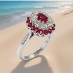 RUBY & 0.65CT DIAMOND CLUSTER RING 18CT WHITE GOLD + GIFT BOX + VALUATION CERTIFICATE OF £2100