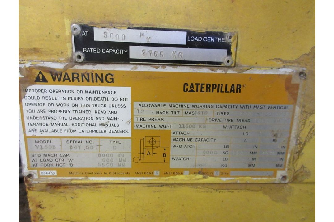 CAT V180B diesel dual mast forklift truck, 8 tonne, type D, serial no. 84Y581, all weather cabin, - Image 15 of 16