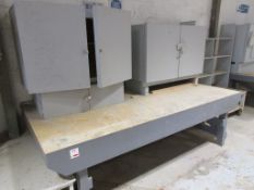 Bespoke timber workbench, 2.7m x 1.2m Two timber 2-door storage cabinets One timber shelf unit