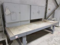 Bespoke timber workbench, 3.2m x 1.2m Two timber 2-door storage cabinets One timber 2-shelf unit