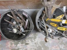 Four tubs of various hand tools to include adjustable spanners, spanners, drill bits, hack saw,