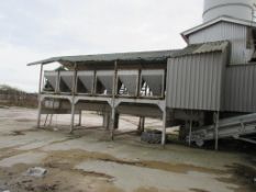 8 x standalone steel framed backup product feed forkliftable silo bins, approx.: 1 x 1 x 1.5m,