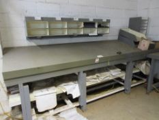 Bespoke timber workbench, 3.4m x 860mm with various timber storage shelving