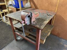 Steel framed wooden top workbench with Record No 6 Vice L106 x W101 x H93cm excludes contents