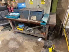Steel framed wooden top workbench and metal 2 door cabinet L101 x W101 x H96cm excludes contents