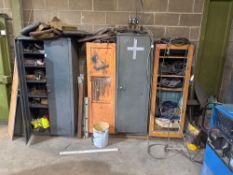 Two metal and two wooden storage cabinets and contents of various metal working tools