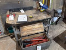 Steel framed wooden top workbench with Eclipse EMV8 Vice L141 x W112 x H93cm excludes contents