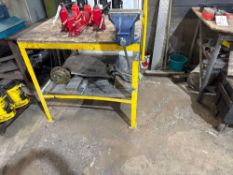 Steel framed wooden top workbench with Eclipse EMV8 Vice L101 x W101 x H96cm and 2 door metal chem