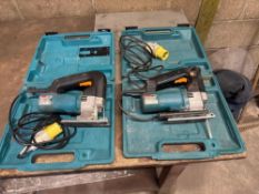 Two Makita 110v jig saws, Makita 4304 jigsaw and a Makita 4304T jigsaw c/w cases