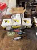 Two pneumatic orbital sanders and a pneumatic straight grinder c/w 3 used boxes of sanding pads