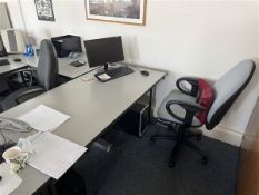 Cuter computer system, Samsung monitor, keyboard, mouse, with grey desk and upholstered chair