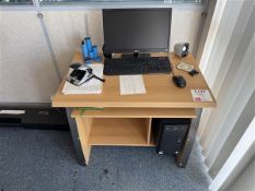 Two wood effect desks with keyboards, monitors and one tower PC
