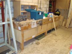 Timber framed workbench with record bench vice, approximatley 3.3m x 1m x1m