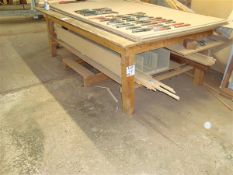 Timber framed work bench, approximatley 1.5m x 2.75m x 0.76m