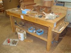 Timber framed workbench, approximatley 0.75m x 1.85cm x 0.9m