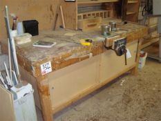Timber framed workbench with record bench vice, approximatley 2m x 0.9m x 0.9m