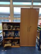 Beech effect double door office cabinet with 3 tier open front bookcase (excluding contents)