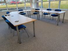 Light oak effect meeting cluster comprising of 5 x modular tables and 7 x part upholstered meeting
