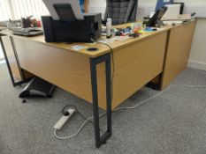 Oak effect radius desk, 1500 x 1100mm, with double door office cabinet, 3-drawer pedestal, 3-tier