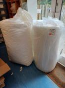 Quantity of various packaging materials including bubble wrap, Eco Flow loose fill chips, boxes,