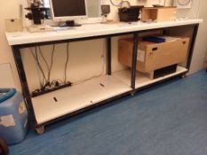 Steel fabricated mobile table with under shelf, 2520mm x 650mm