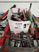 Assorted quantity of hand tools to include hammers, files, clamps and drill bits as lotted