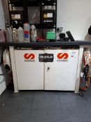Samoa Steel two door oil cabinet with two samoa rellmasters and two samoa oil pumps (excludes conte