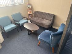1 x 2 Seater & 3 single seater cloth lounge chairs with wooden coffee table and coat stand