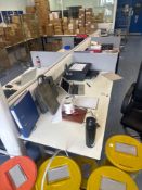 6 section white desk unit with grey acoustic partition